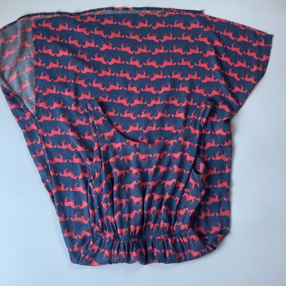 Anorak Horse Print Jersey Midi Dress Blue Pink Size 6 Pockets Elastic Waist - Picture 7 of 11